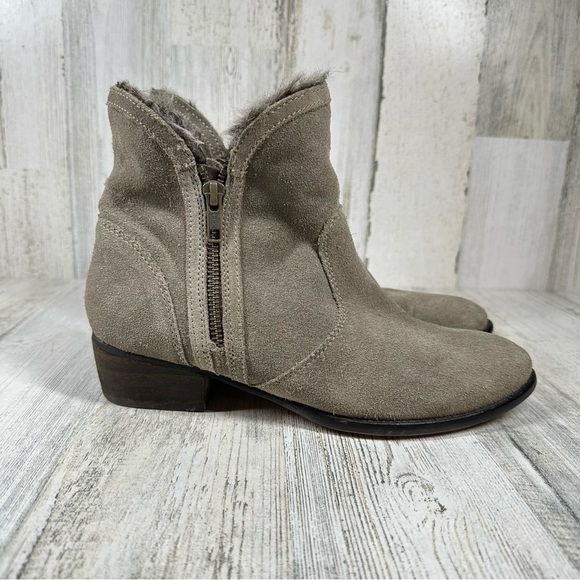 Seychelles Lucky Penny Taupe Suede Faux Fur Ankle Boot Double Zip Size #1075 - Picture 3 of 13